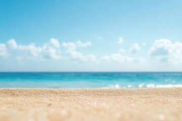 Sandy Seashore with Azure Ocean View and Light Blue Sky on Summer Sunny Day