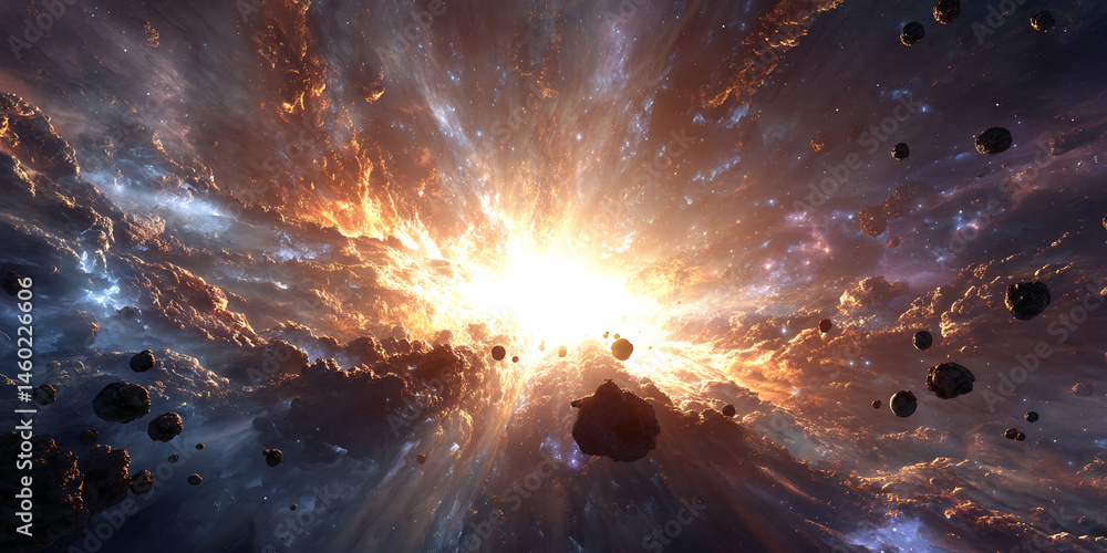 Poster fiery cosmic explosion, asteroids and nebula clouds, bright light source at center, creating dramati