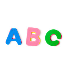 Colorful foam letters A, B, C alphabet isolated on white background. Clipping path.