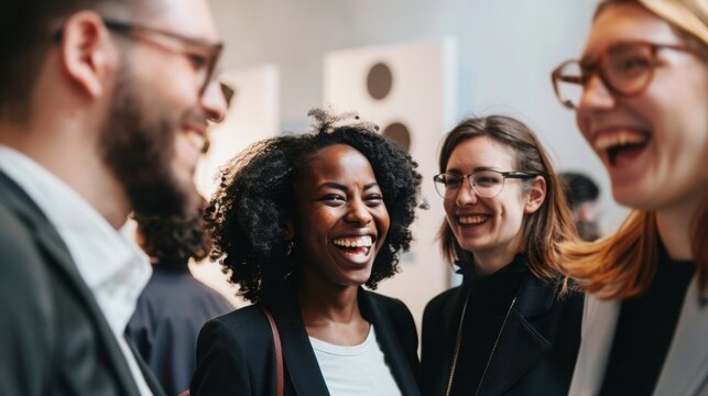Group of diverse people laughing and talking together at a business event or social gathering indoors