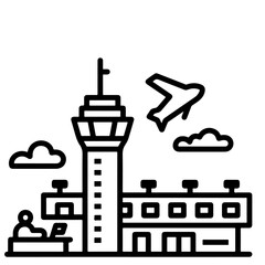 Airport control tower, terminal building, airplane, clouds, worker at desk, vector illustration, black and white, line art.