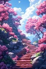 Fototapeta premium Beautiful path surrounded by vibrant pink blossoms and clear blue skies