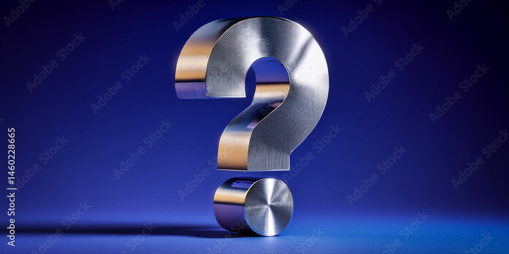 Poster metallic question mark on blue background, showcasing a 3d rendered symbol of inquiry and uncertaint