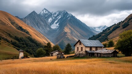 Alpine hamlet nestled beneath majestic peaks
