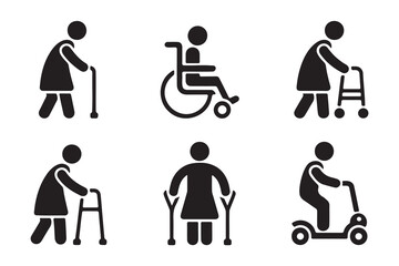 Vector Icons Depicting Elderly People with Mobility Aids