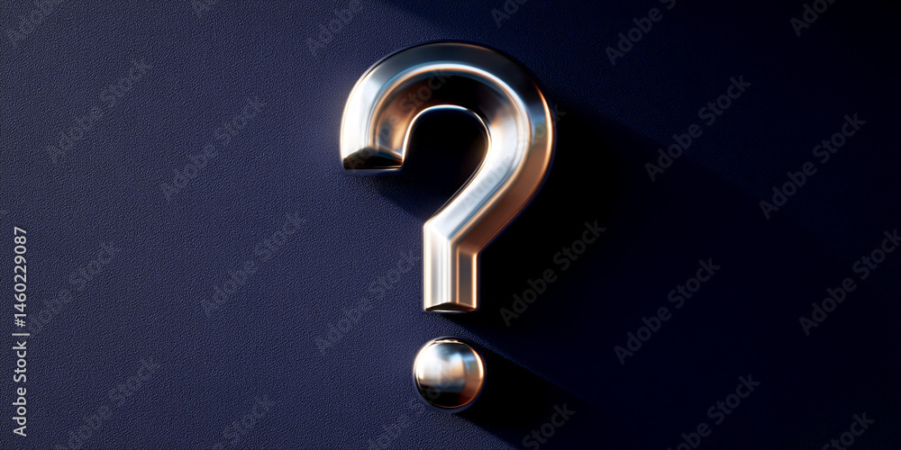 Poster metallic question mark on dark blue background, representing inquiry, uncertainty, or a need for ans
