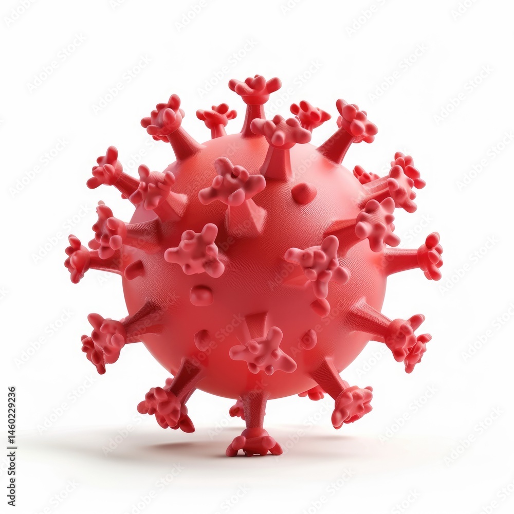 Poster three-dimensional rendering of a red virus particle.
