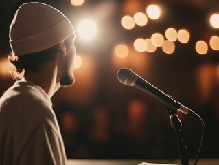 Man in Beanie Facing Microphone on Stage
