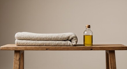 Towel and body care oil on wooden bench, ideal for wellness and relaxation themes