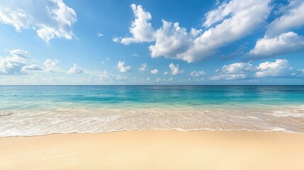 Fototapeta premium Serene Beach Turquoise Water, Soft Waves, White Sand, Sunny Sky View