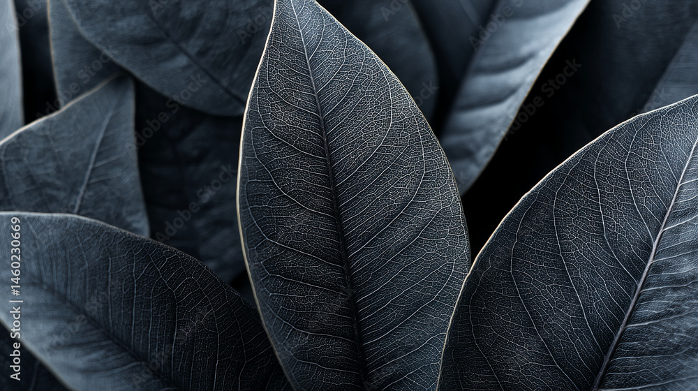 Poster Close-up of dark-grey leaf texture showing detailed vein structure, creating a sophisticated and elegant appearance, symbolizing nature, growth, and serenity