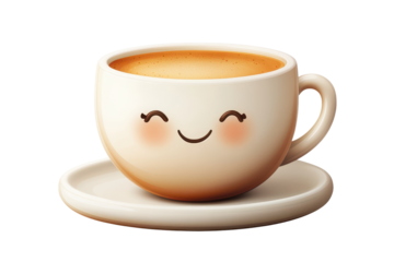 Cute smiling coffee cup with a creamy beverage enjoying morning vibes in a cozy kitchen setting with sunlight streaming in through the window