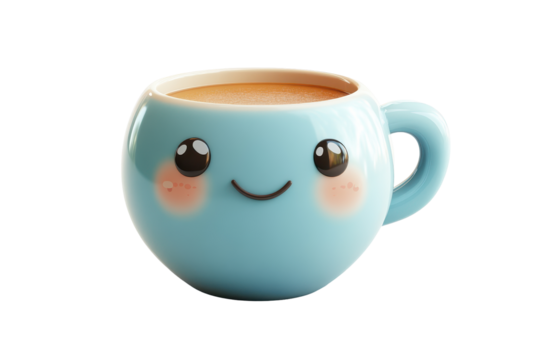 Cute smiling coffee cup with a creamy beverage enjoying morning vibes in a cozy kitchen setting with sunlight streaming in through the window