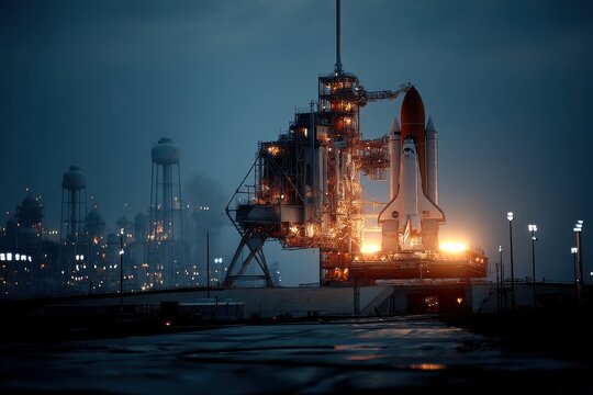 Space shuttle poised on illuminated launchpad at night for a mission launch - Powered by Adobe