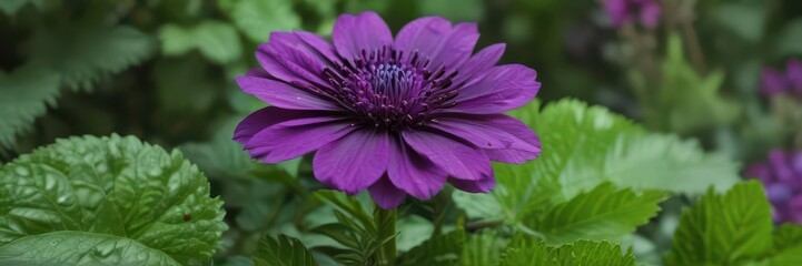 A vibrant purple flower blossoms atop lush green leaves , life, blossom