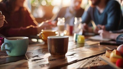 A gathering around a wooden table with coffee cups and pastries bathed in warm sunlight atmosphere