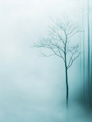 Bare tree in dense white forest fog


