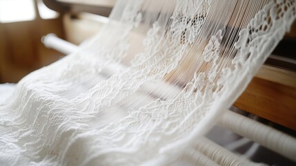 Closeup view of delicate white lace being woven.
