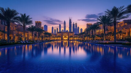 Obraz premium Dubai's serene skyline reflected in tranquil pool at twilight magic