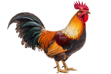 Fototapeta premium Colorful rooster standing proudly on a white background with vibrant feathers and striking features showcasing its natural beauty