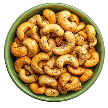 Delicious roasted cashews seasoned with black pepper in green bowl up nuts on transparent background