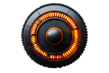 Circular audio speaker with glowing orange lights and central control button designed for enhanced sound performance in a stylish way