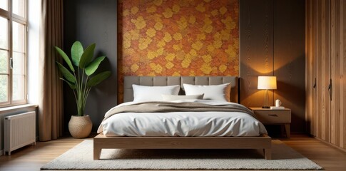 Rich wood tones, patterned wallpaper accent, simple wooden bed , warm, wood
