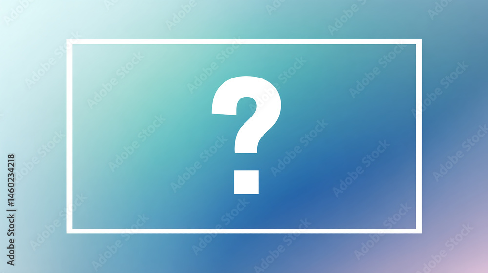Poster white question mark on a blue gradient background, within a white rectangular frame, suggesting inqu