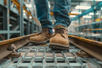 Close up of safety working shoe on worker feet standing in factory