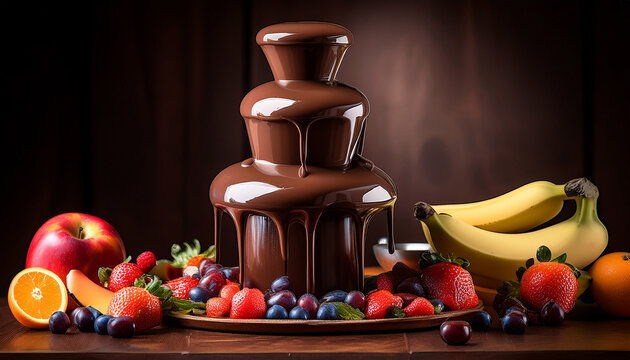 dark food photography background chocolate fountain with cascading chocolate fresh fruits and berries on table
