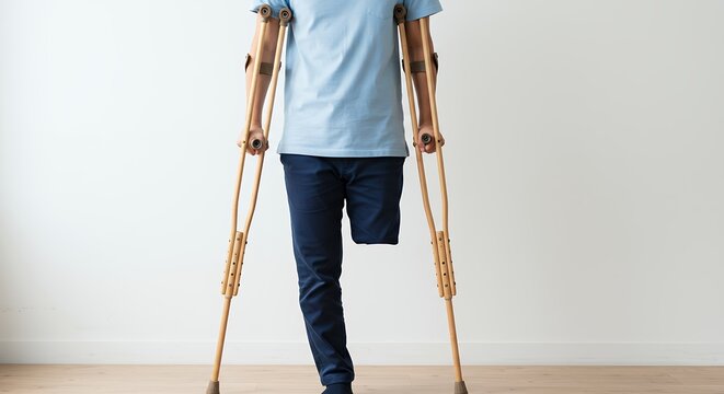 Person with prosthetic leg using crutches