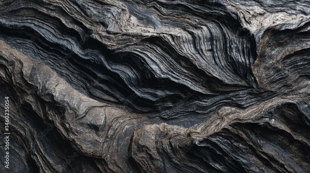 Poster dark gray and brown stone texture, showing layered rock formations, creating a dramatic and rugged a