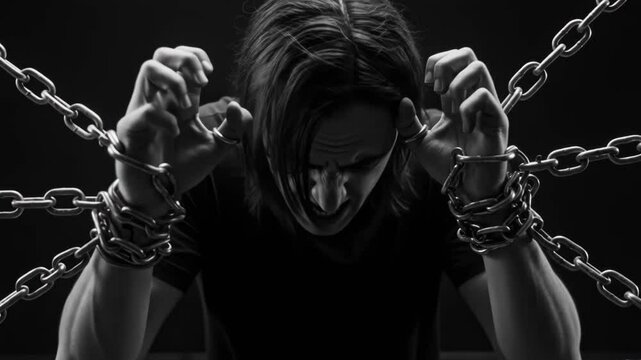 Man struggling with mental illness chains. Dark portrayal of depression and anxiety. Powerful image representing psychological struggles and emotional pain