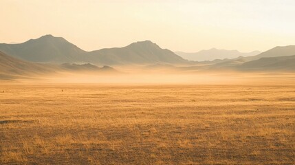 Expansive, golden landscape with hazy mountains at sunrise.