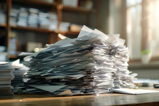 Collection of business analytics charts and graphs stacked on each other on paper on desk in office