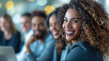 Fototapeta premium Smiling woman with curly hair in foreground and blurred group of coworkers in the background at the office