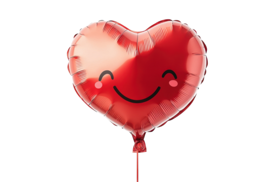 Heart-shaped balloon with smiling face floating against a transparent background, ideal for celebration and festive occasions like Valentine's Day or anniversaries
