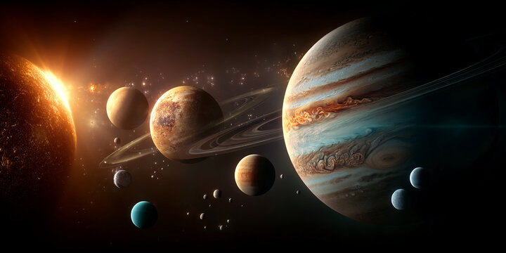Detailed image of a solar system, showcasing planets, a star, and celestial bodies, representing the vastness and beauty of space exploration - Powered by Adobe