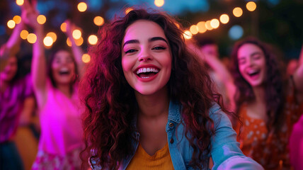 A highresolution photo of a curvy woman dancing at a party her expression joyful and carefree surrounded by friends and warm lighting