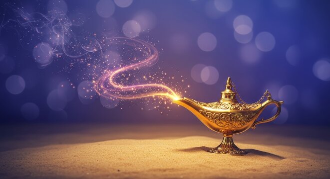 Golden magic lamp on sand with glowing energy stream and sparkling particles. Concept of wish granting, fantasy, and ancient legends for book cover or design element.