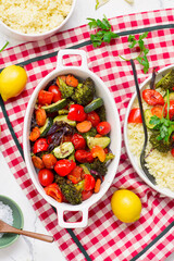 Couscous with assorted baked vegetables.selective focus