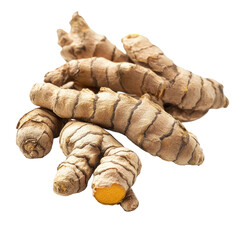 Fresh turmeric roots isolated on a Transparent background showcasing their natural texture and color, turmeric isolated on PNG background