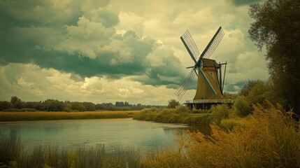 Naklejka premium A serene Dutch landscape scene with a traditional windmill.