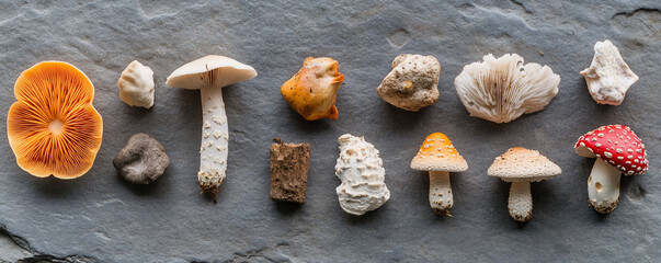 Diverse mushroom still life natural fungi variety overhead arrangement
