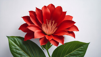 vibrant red flower with delicate petals and green leaves against a light background