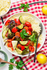 Couscous with assorted baked vegetables.selective focus