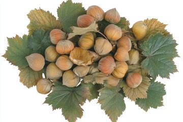 Hazelnuts nestled amongst autumn leaves.  A collection of nuts surrounded by dried and fresh leaves