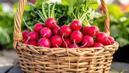 Fresh red radishes in wicker basket with green leaves outdoors