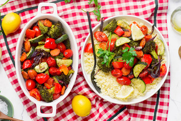 Couscous with assorted baked vegetables.selective focus