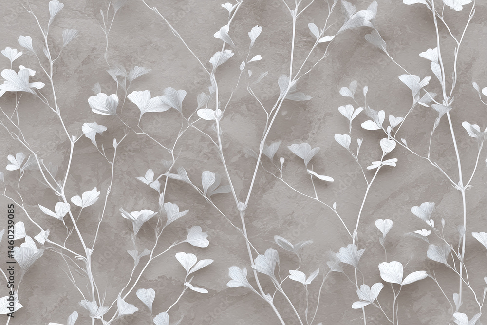 Poster grey background with white stylized floral branches, creating a delicate and serene pattern, showcas